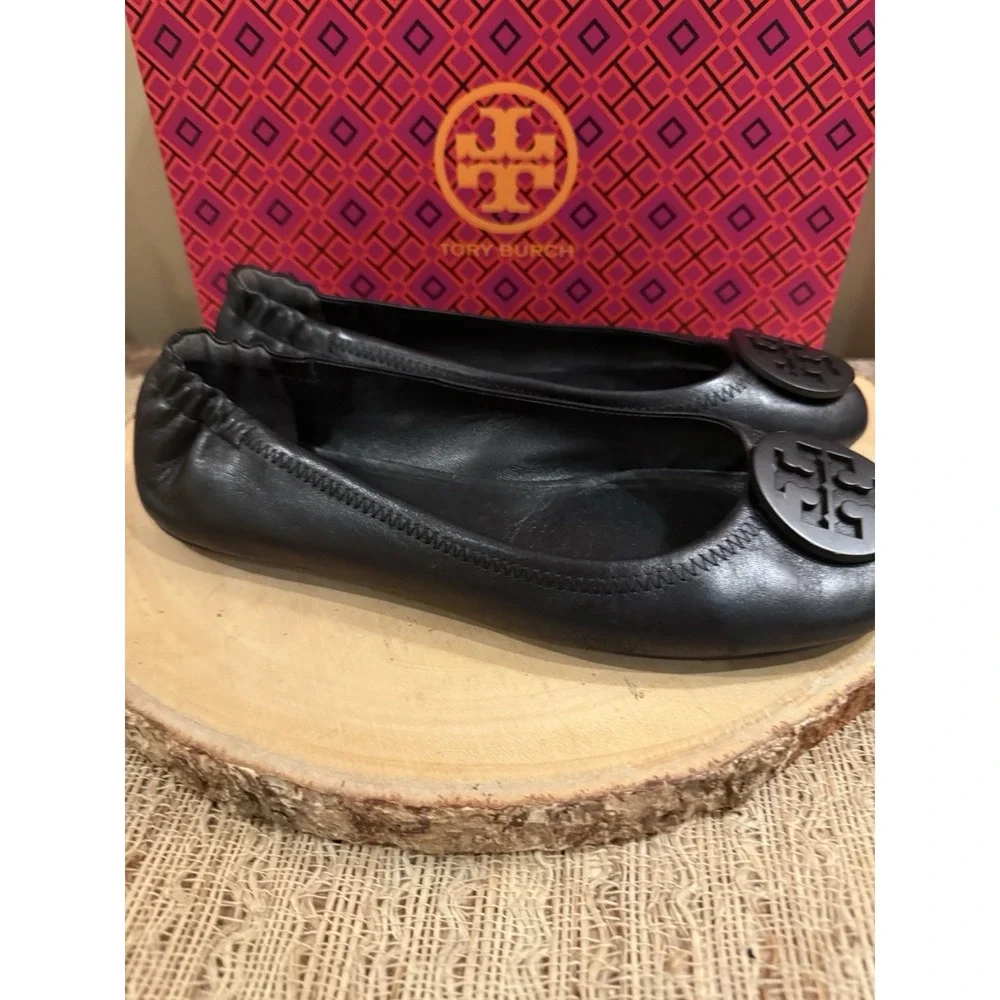Tory Burch Minnie Travel Ballet Women's Pebble Leather‎ Perfect Black Sz-9
